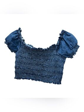 American Eagle Smocked Puff-Sleeve Crop Top in Navy Blue Size Small EUC